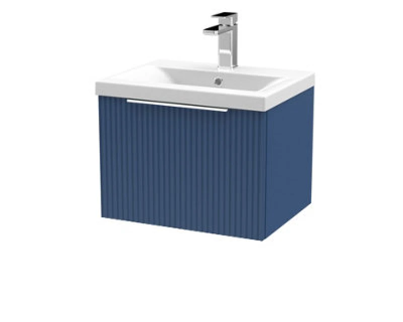 Image of Hudson Reed Fluted Wall Hung 1-Drawer Vanity And Mid-Edge Basin, Contemporary Sink Vanity Unit, Satin Blue