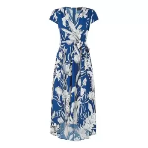 Image of Mela London Navy Leaf Print Dipped Hem Wrap Dress - Blue