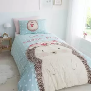 Image of Catherine Lansfield Kids Polka Dot Hedgehog Hug Print Easy Care Duvet Cover Set, Blue, Single