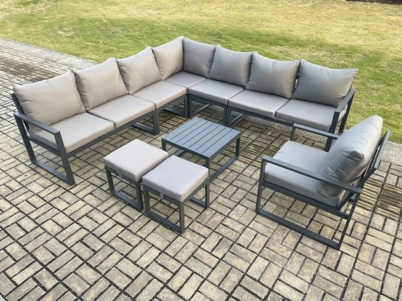 Image of Fimous Aluminium Outdoor Garden Furniture Set Lounge Corner Sofa Chair Square Coffee Table Sets with 2 Small Footstools Dark Grey Dark Grey Unisex