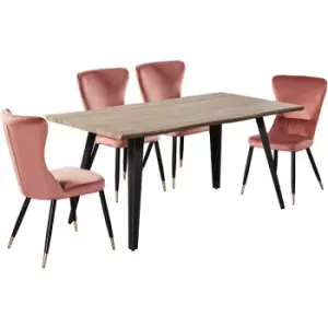Image of Life Interiors - 5 Pieces New York Rocco Dining Set - a Walnut Rectangular Dining Table and Set of 4 Pink Dining Chairs - Pink