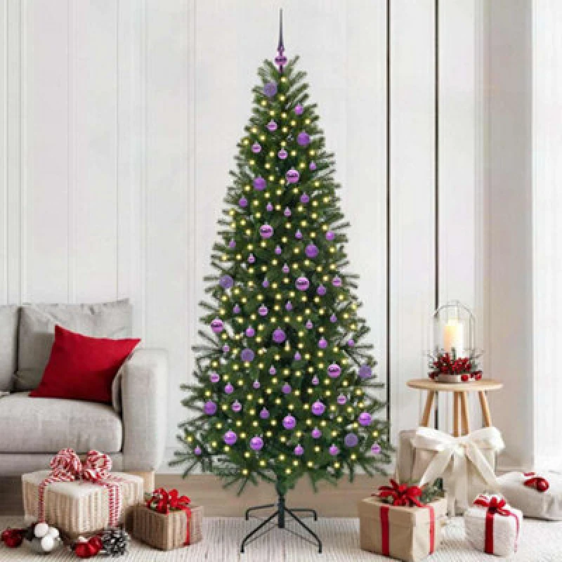 Image of vidaXL Artificial Christmas Tree with 300 LEDs, Lilac Balls Green 210 x 105cm PE and PVC, Green 3397373
