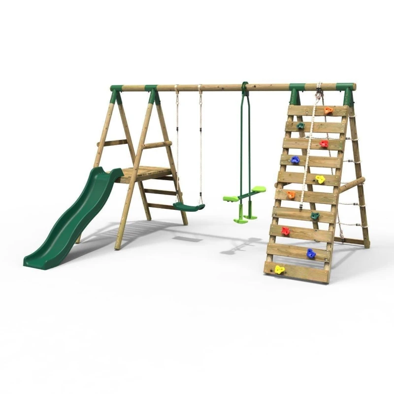 Image of Rebo Wooden Swing Set with Glider, Slide and Climbing Wall - Obsidian Green Green
