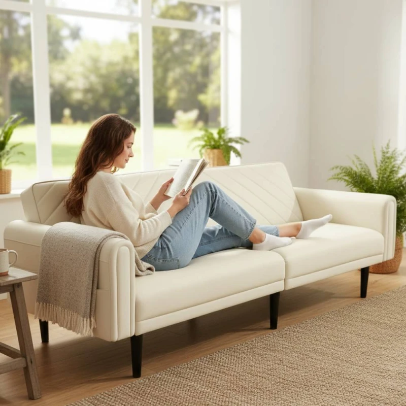 Image of Alivio 3-in-1 Convertible Velvet Sofa Bed with Adjustable Futon Couch in Cream Cream Unisex