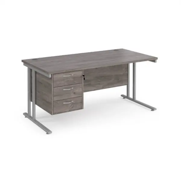 Image of Maestro 25 straight desk 1600mm x 800mm with 3 drawer pedestal - silver cantilever leg frame, grey oak top