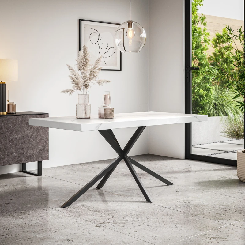 Image of More4Homes Donni 4-6 Seater Dining Table Modern White Marble Effect Table Top W Black Legs
