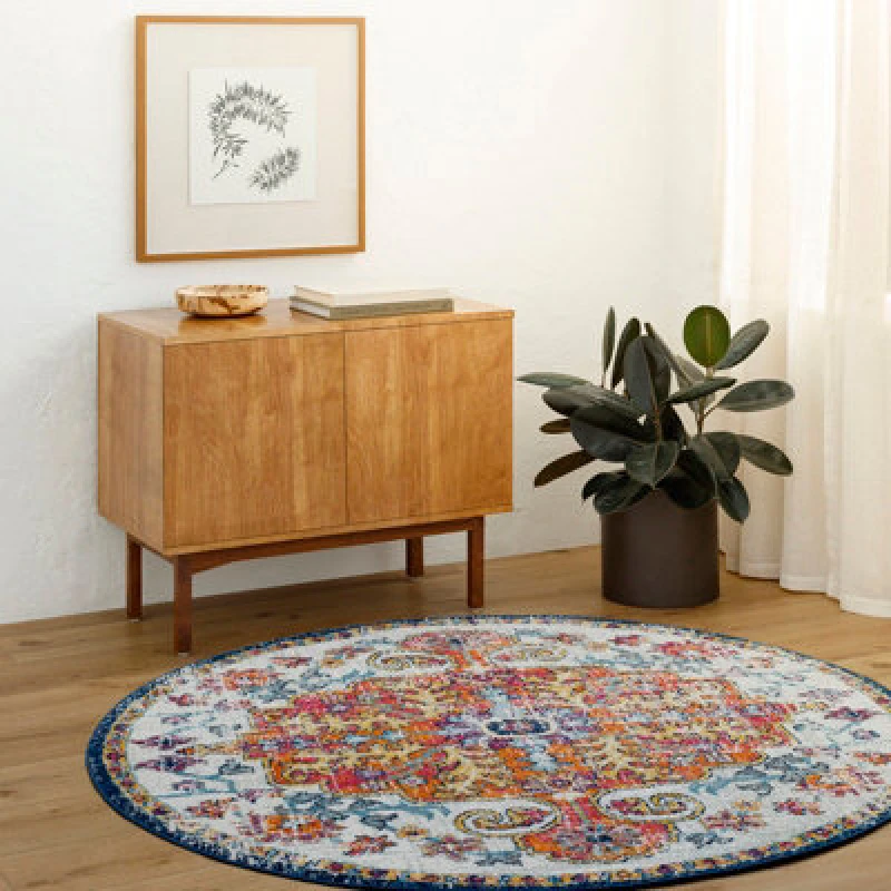 Image of Livabliss Round Vintage Oriental Boho Saffron/navy Lou Area Rug 180 X 180 Cm - Easy Care, Non Shedding, Ideal For Living Room & Bedroom