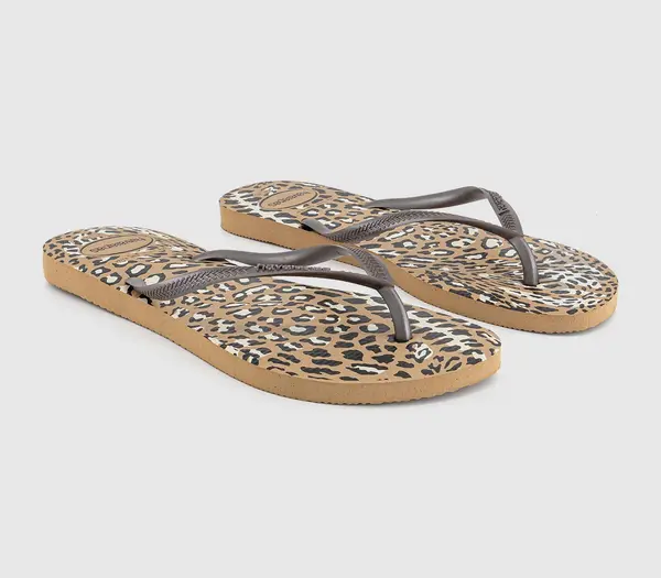 Image of Havaianas Womens Slim Animal Flip Flops Rose Gold Leopard, 5