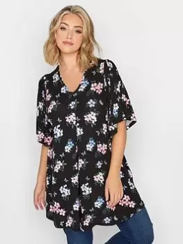 Image of Yours Floral Pleat Angel Sleeve Swing T-Shirt, Black, Size 18, Women