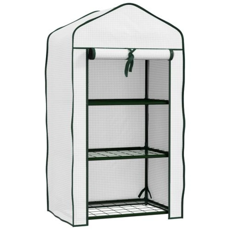 Image of Outsunny Portable Mini Greenhouse with Roll-up Door and Wire Shelves - White TJ Hughes 5061025010912