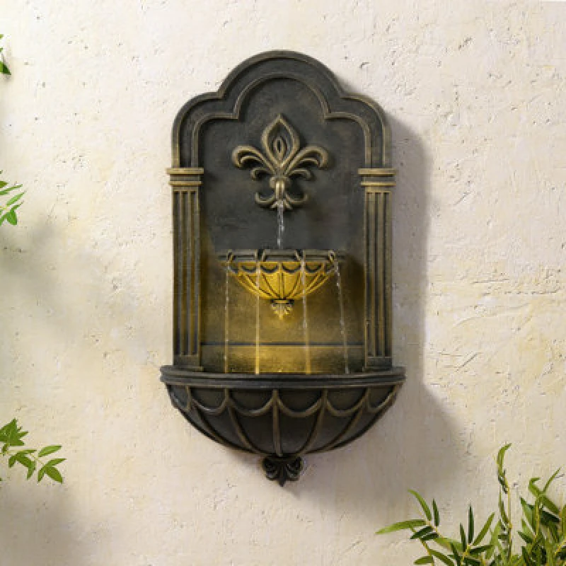 Image of Teamson Home Fleur-De-Lis Wall-Mounted Water Fountain Warm Led, Black & Gold