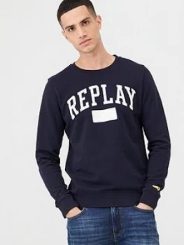 Image of Replay Archive Sport Logo Crew Sweatshirt - Navy, Dark Blue, Size XL, Men