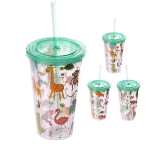 Image of Funky Zoo Animals Double Wall Lidded Cup and Straw