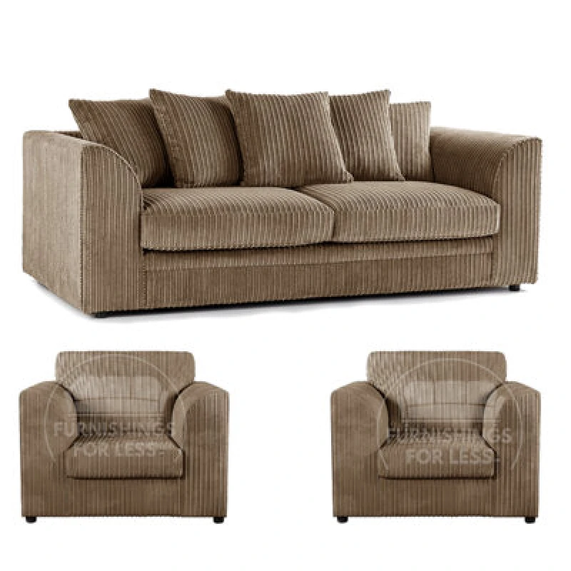 Image of Furnishings For Less UK Luxor Jumbo Cord 3 + 1 + 1 Fabric 3 Piece Sofa Suite - Scatter Back Coffee