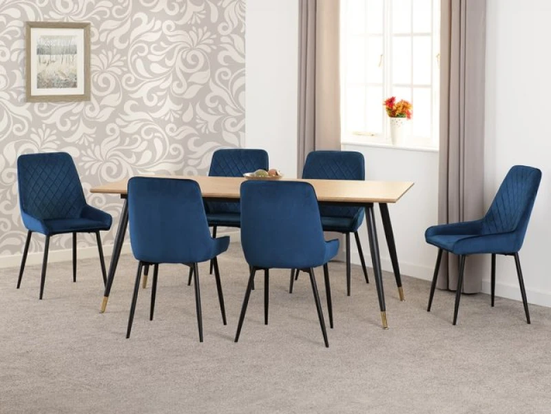 Image of Seconique Hamilton 180cm Dining Table with 6 Avery Blue Velvet Dining Chairs