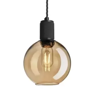 Image of Industville Knurled Tinted Glass Globe Pendant Light in Amber with Black Holder / Small