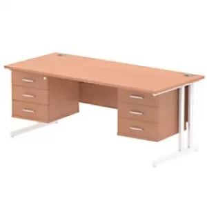 Image of Dynamic Rectangular Office Desk Beech MFC Cantilever Leg White Frame Impulse 2 x 3 Drawer Fixed Ped 1800 x 800 x 730mm