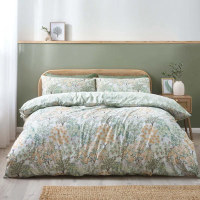 Image of Catherine Lansfield Catherine Lansfield 'Forest Blossom' Reversible Duvet Cover Set in Green Size: Double Green Double Unisex 5057681175188