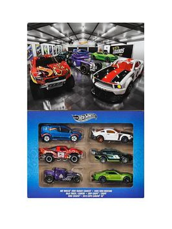 Image of Hot Wheels 1:64 Scale Die-Cast Toy Cars & Trucks Set of 6 HW Legends Vehicles with Elevated Deco & Collectible Packaging (Styles May Vary) JLB24