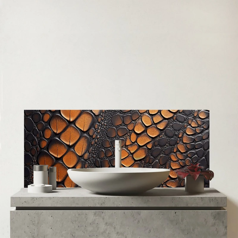 Image of Warren Reed - Designer Snakeskin Print Glass Bathroom Splashback in Brown Brown Unisex