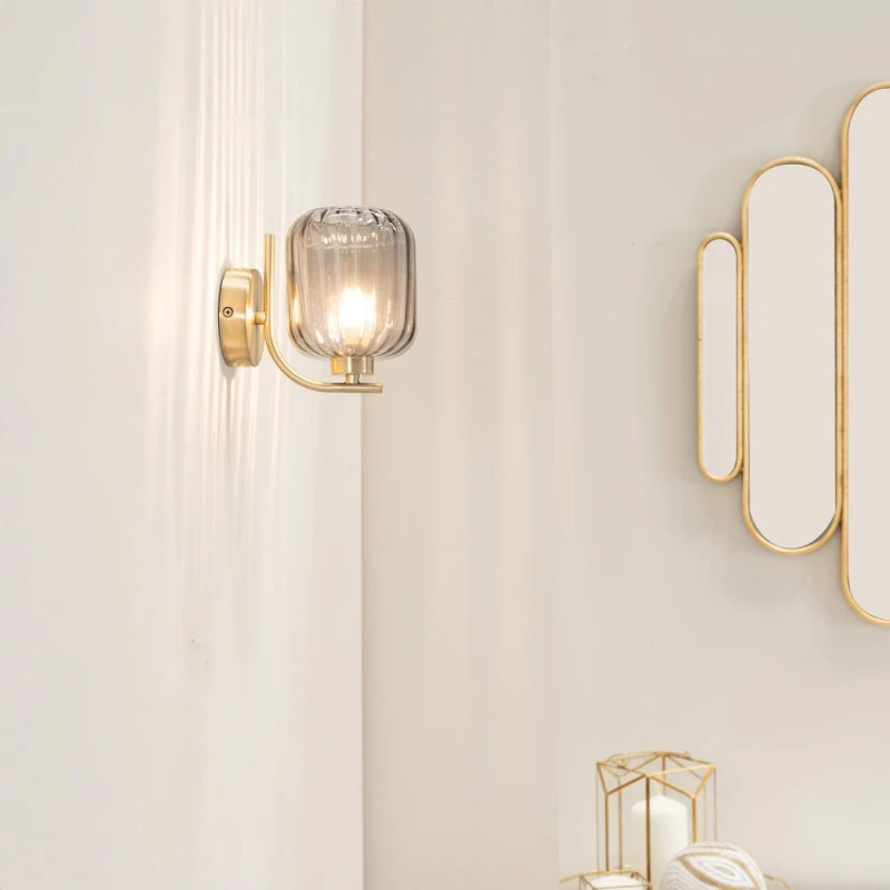 Image of ValueLights Amelie Pair of Gold Stem Single Ribbed Glass Lamp Wall Light Gold