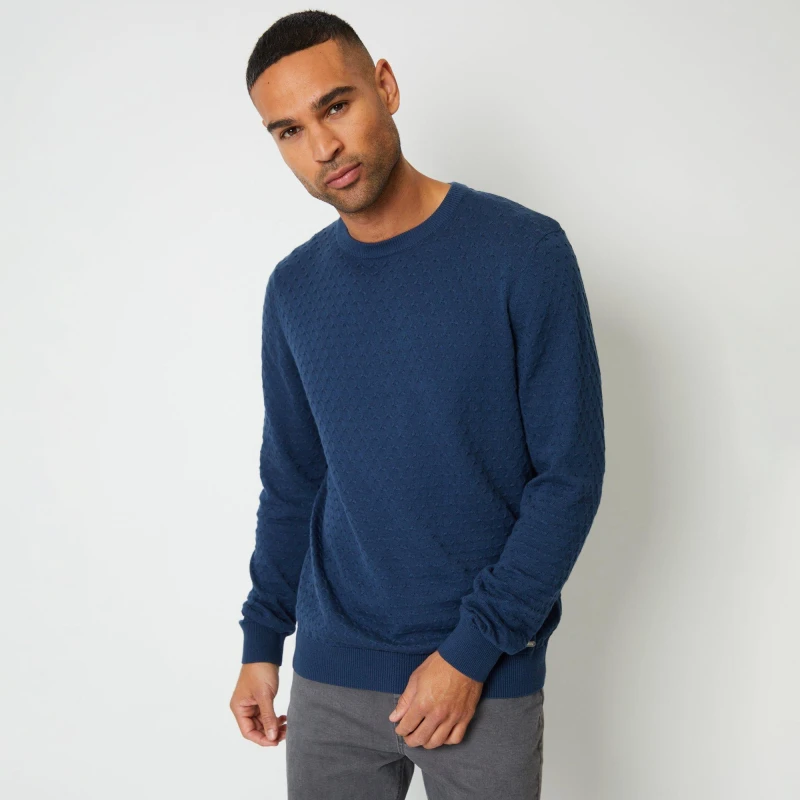 Image of Threadbare 'Townfield' Mini Cable Textured Knit Crew Neck Jumper Mid Blue