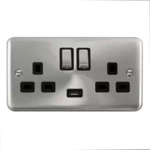 Image of Click Scolmore Deco Plus Satin Chrome 2 Gang USB Outlet Switch 13A With Black Ingot - DPSC570BK