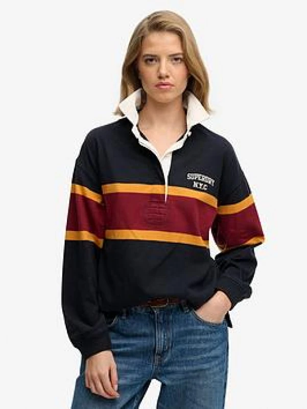 Image of Superdry Womens long-sleeve striped polo Superdry Heritage Bleu Female L