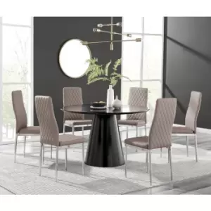Image of Furniturebox Palma Black Semi Gloss 120cm Round Minimalist Dining Table & 6 Cappuccino Milan Chrome Leg Chairs