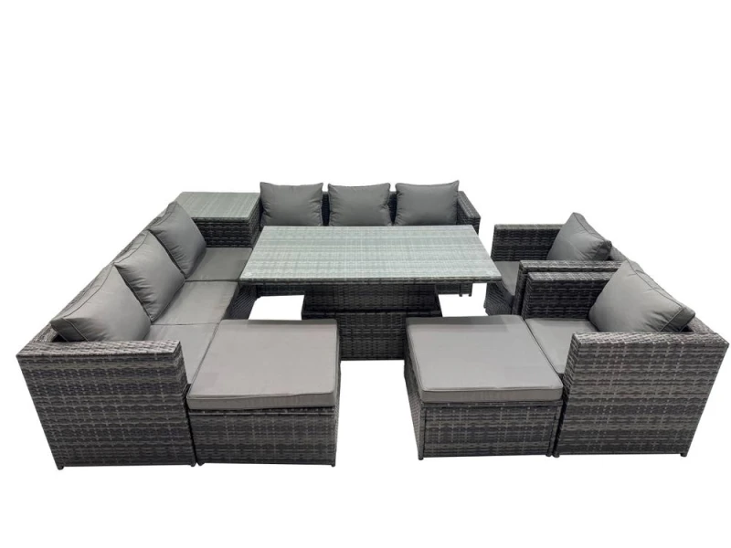 Image of Fimous 10 Seater Outdoor Garden Rattan Furniture Set with Side Table 2 Stool in Dark Grey Dark Grey Unisex