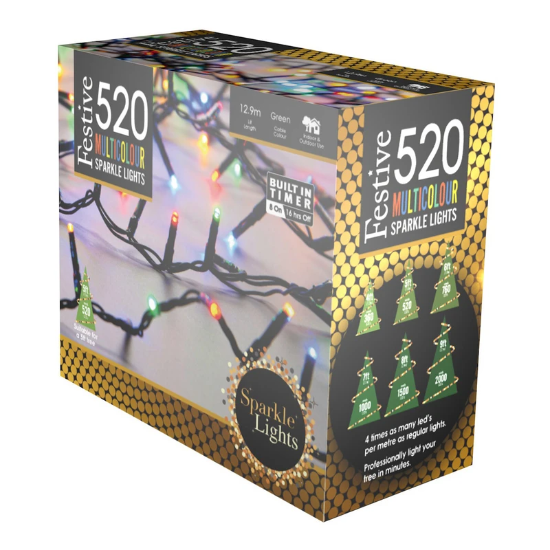Image of Festive 12.9m Indoor & Outdoor Christmas Tree Fairy Lights 520 Multicoloured LEDs
