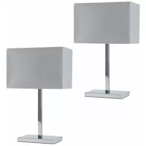 Image of Minisun - Pair Chrome Tube Stem Table Lamp Grey Fabric Rectangle Shade - No Bulb