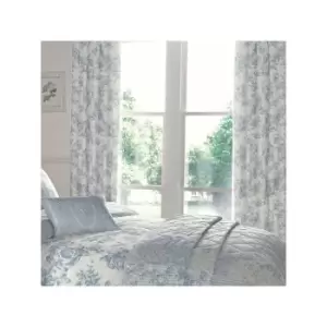 Image of Dreams & Drapes Malton Floral Toile Print Thermal Lined Pencil Pleat Curtains, Blue, 66 x 72 Inch