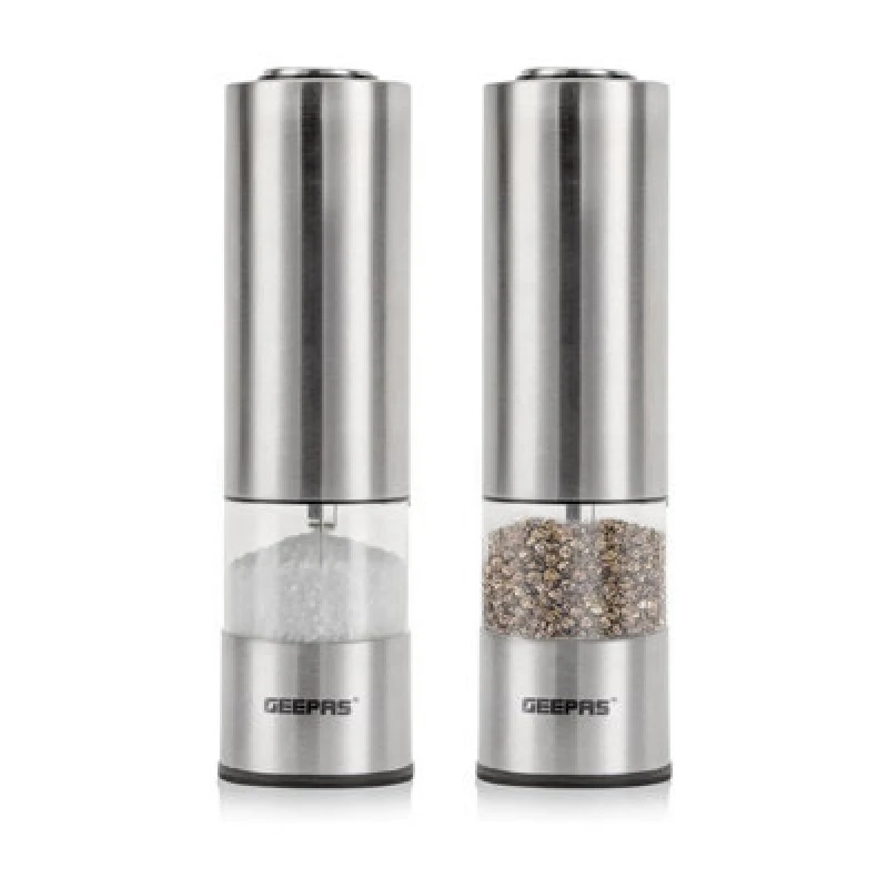 Image of Geepas Electric Salt and Pepper Grinders Battery Powered Adjustable Coarseness Silver unisex