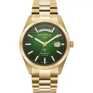 Image of Mens Roamer Plated Stainless Steel Primeline Day Date Primeline Daydate II Green Pattern Dial Gold IP