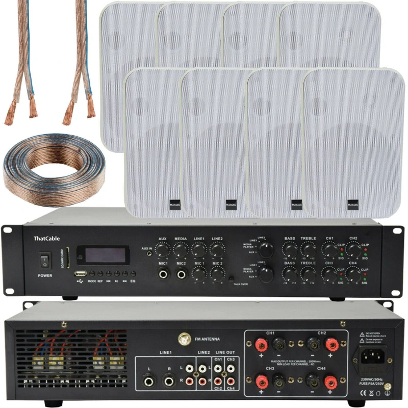 Image of Loops 800W Bluetooth Sound System 8x 200W White Wall Speaker 4 Zone Matrix Amplifier White unisex