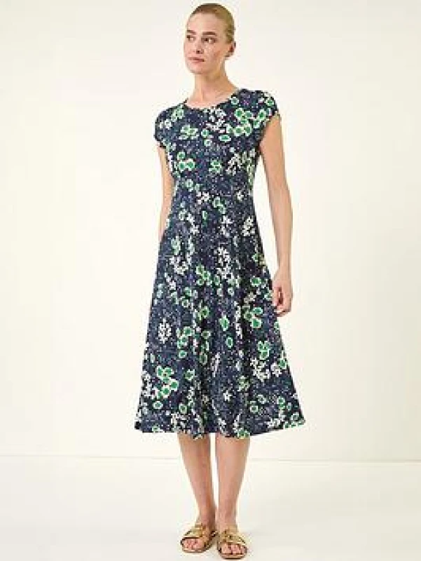 Image of Roman Womens Floral Print Midi Tea Dress in Navy Size: 10 Navy Female 10