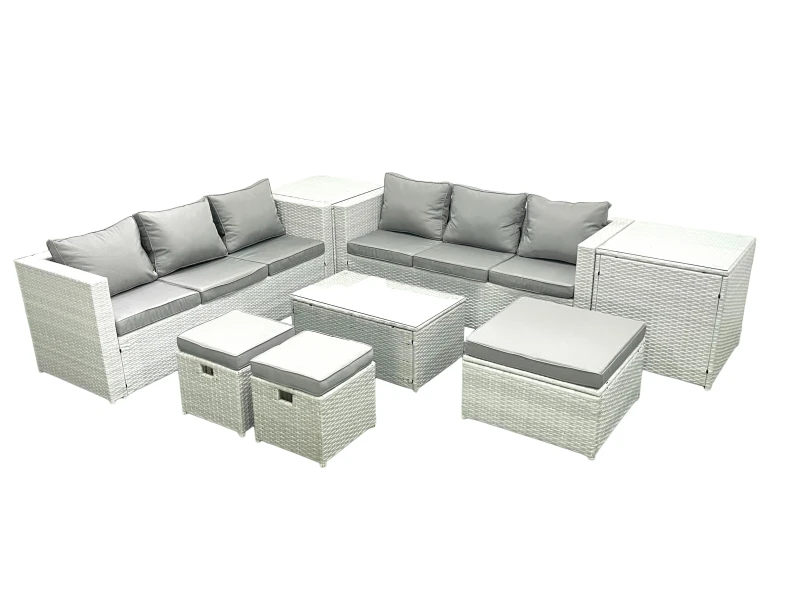 Image of Fimous Garden Outdoor PE Rattan Furniture Set 9 Seater Rattan Garden Sofa Set with 3 Footstools 2 Side Tables Light Grey Mixed Light Grey