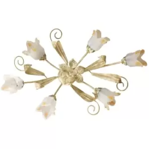 Image of Onli Elena 6 Light Multi Arm Semi Flush Ceiling Lamp, Brushed Gold, Glass Shades
