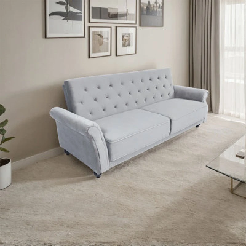 Image of 3 Seater Sofa Bed, 225Cm Velvet Click Clack Sofa Bed With Solid Wood Legs - Grey