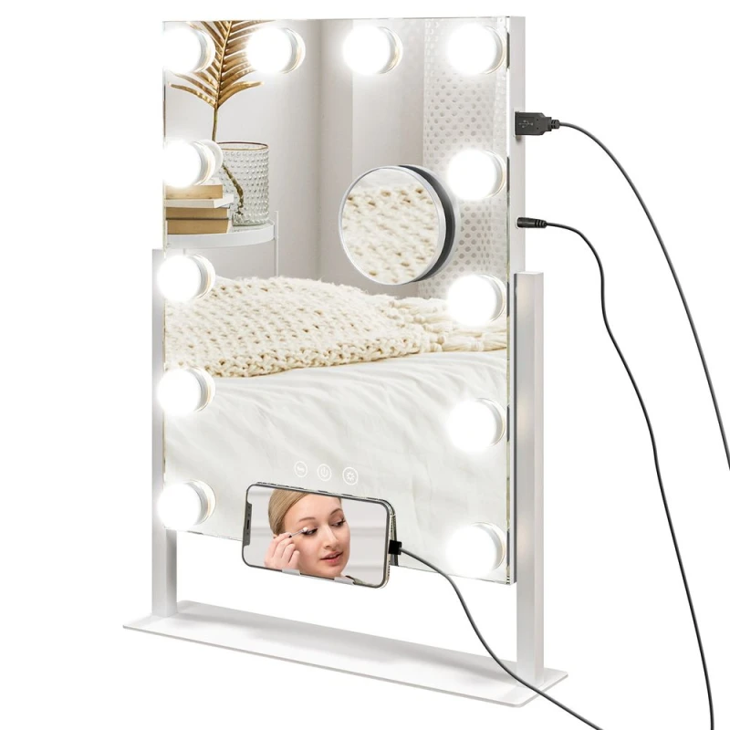 Image of HOMCOM Hollywood Lighted Makeup Mirror With Magnifier, USB Port, Phone Holder, White 505-020V70WT