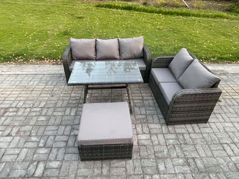 Image of Fimous High Back PE Rattan Sofa Set Outdoor Garden Furniture Dining Table Set Love Sofa 3 Seater Sofa Big Footstool Dark Grey