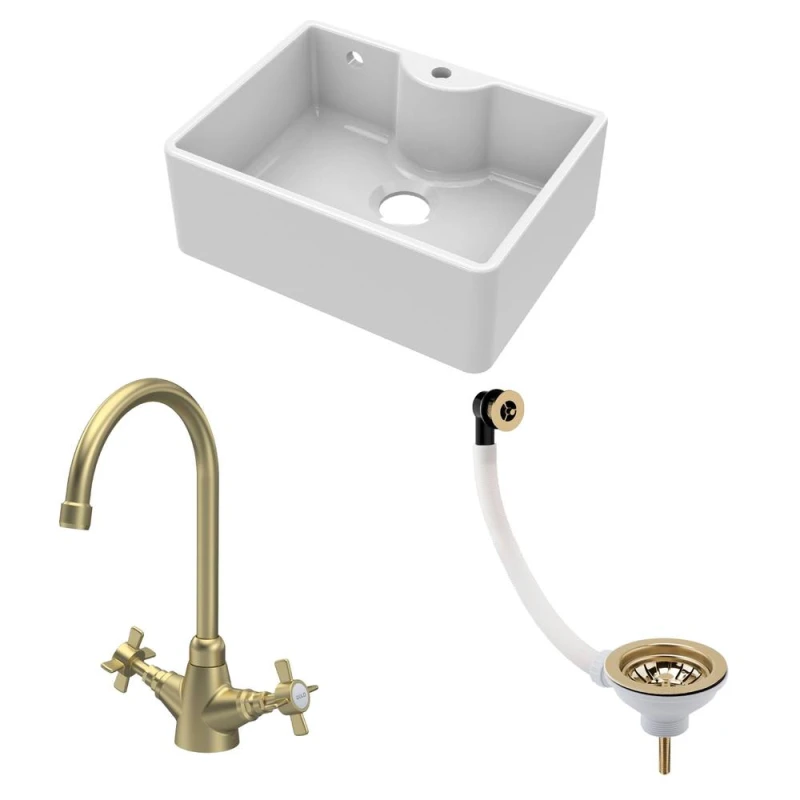 Image of Balterley Fireclay 1 Bowl Butler Sink Waste Tap Brushed Brass 595mm Bronze