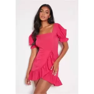 Image of I Saw It First Pink Woven Tie Back Wrap Front Short Sleeve Mini Dress - Pink