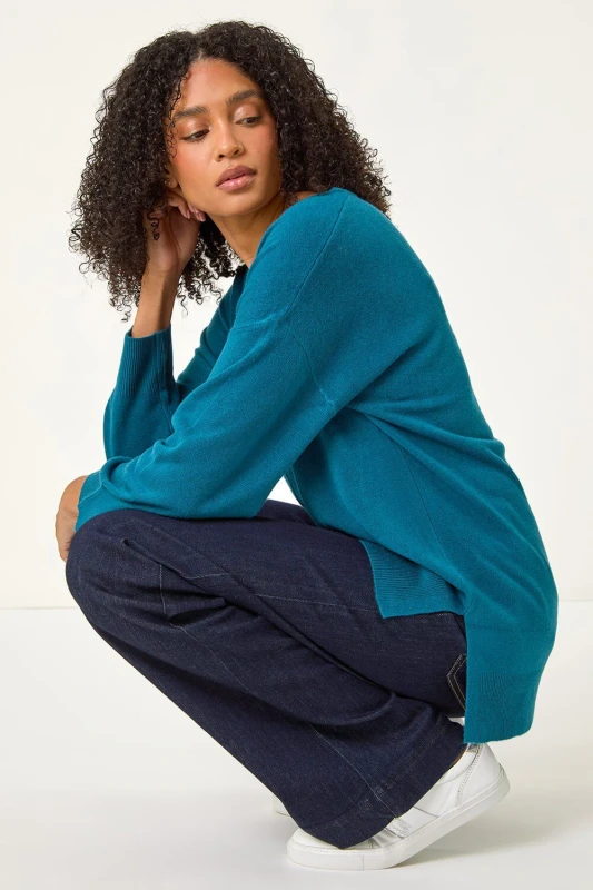 Image of Roman Womens Soft V-Neck Side Split Knit Sweater in Teal Size: 12 Teal Female 12