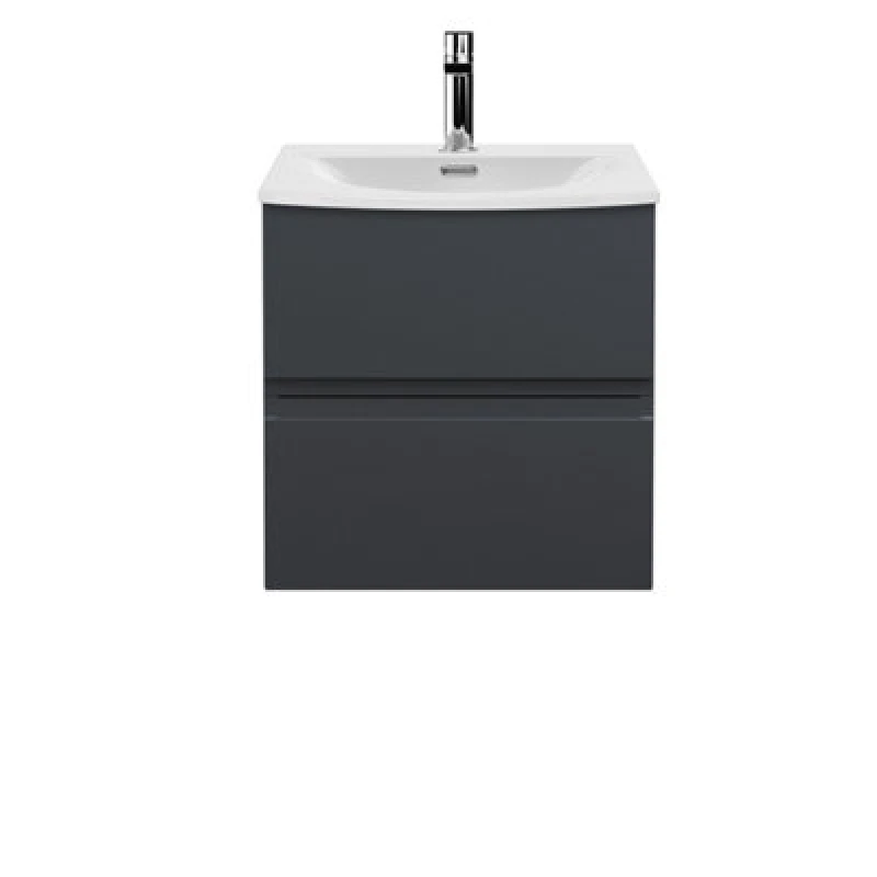 Image of Hudson Reed Urban Wall Hung 2 Drawer Vanity Unit With Curved Ceramic Basin, Modern Bathroom Furniture In Soft Black, 500mm