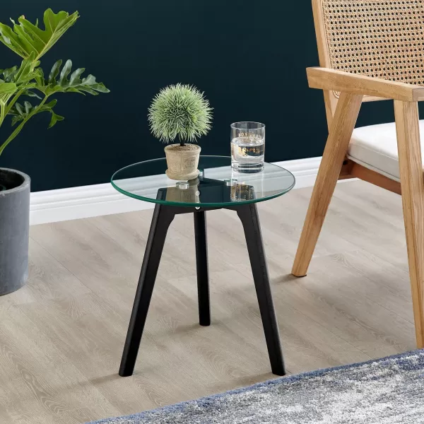 Image of Malmo Beech Wood Scandi Inspired Side Table Small 40cm With Round Tempered Glass Top and Wooden Legs