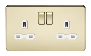 Image of KnightsBridge 13A 2G DP Screwless Polished Brass 230V UK 3 Pin Switched Electric Wall Socket - White Insert