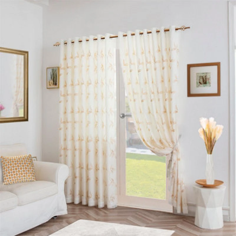 Image of Luxury Living Leaf Embroidered Tulle Voile Curtains Ring Top Gold