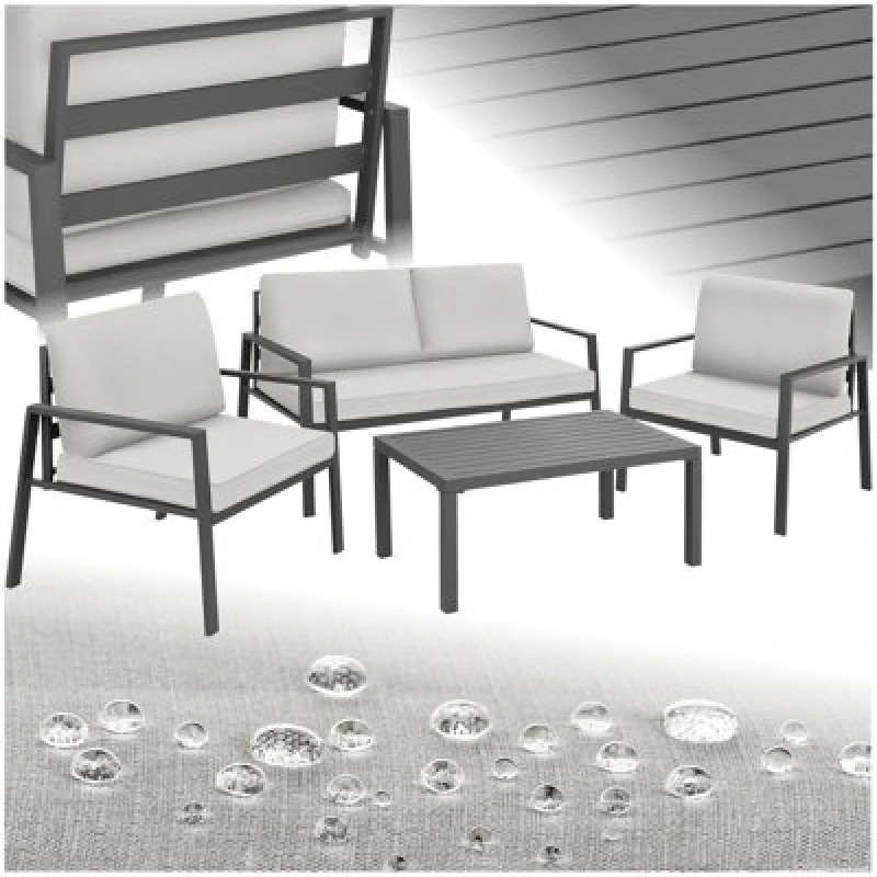 Image of Tectake Garden Furniture Set Gothenburg - For 4 People, Rust-Proof Aluminum Frame, Thick Seat Cushions, Slatted Table - Light Grey